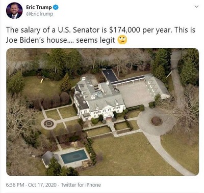 توئیت پسر ترامپ درباره خانه گران‌قیمت جو بایدن
